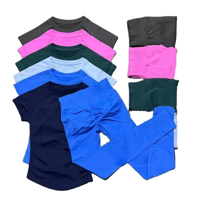Solid 2-Piece Yoga Fitness Set Tight-Fitting Short-Sleeve Quick-Drying Slim-Fit Sports Set for Yoga Sets