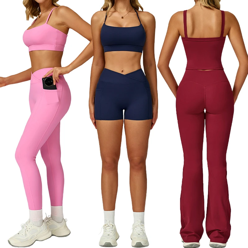TZ2030 Women Breathable Nude Feeling Quick Dry square Neck Cross Strap High Waist Hip Lifting Slim Fit Tight Yoga Running Set
