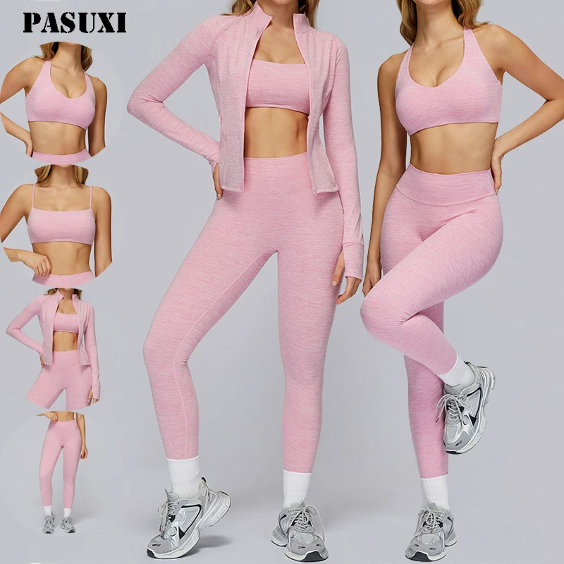 PASUXI Women's New Two-Piece Gym Fitness Workout Set Long Sleeve Top High Waist Yoga Pants Solid Breathable Running Tracksuit