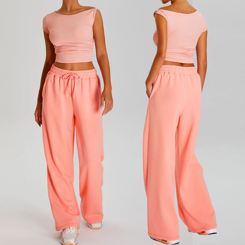 Women's Eco-friendly Yoga Set Quick Dry Lightweight Sports Top & High Waist Breathable Wide Leg Pant Side Pocket Solid Pattern