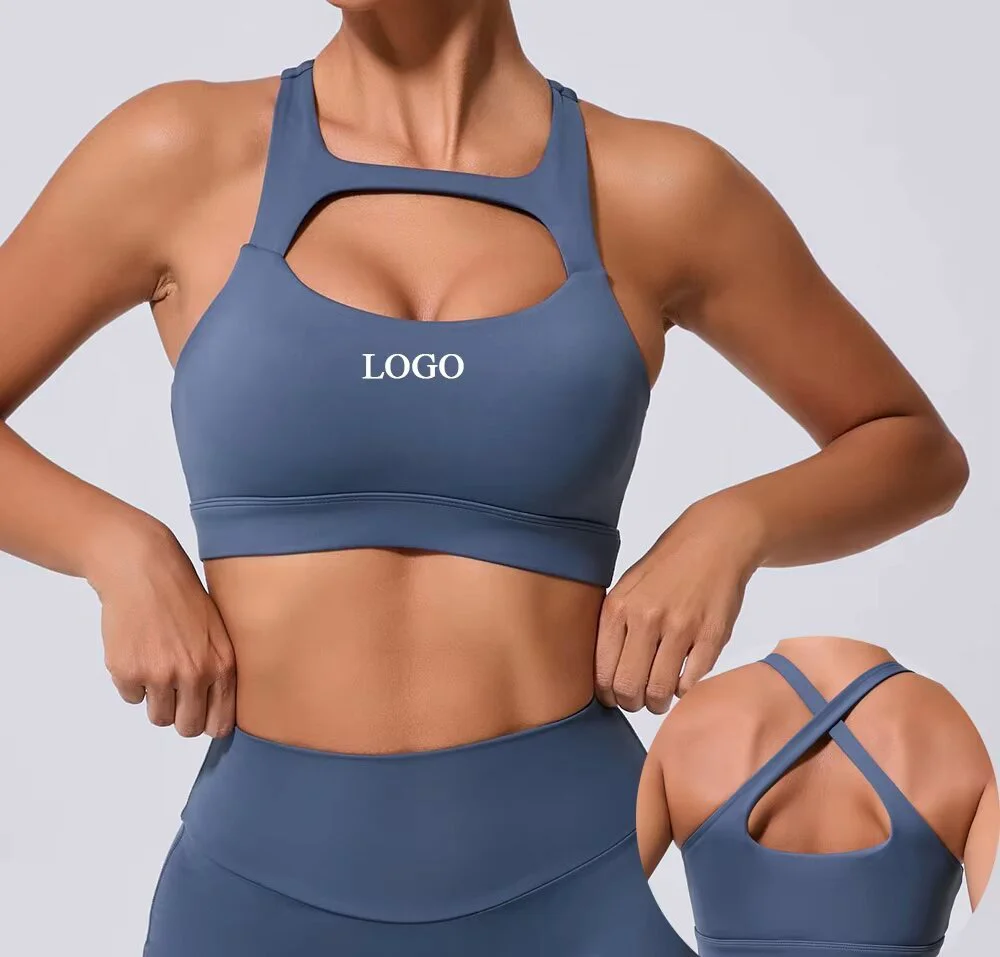 Custom Plus Size Breathable Moisture-Wicking Eco-Friendly Cut-out Crisscross Strap Medium Support Spandex/Nylon Sports Bra