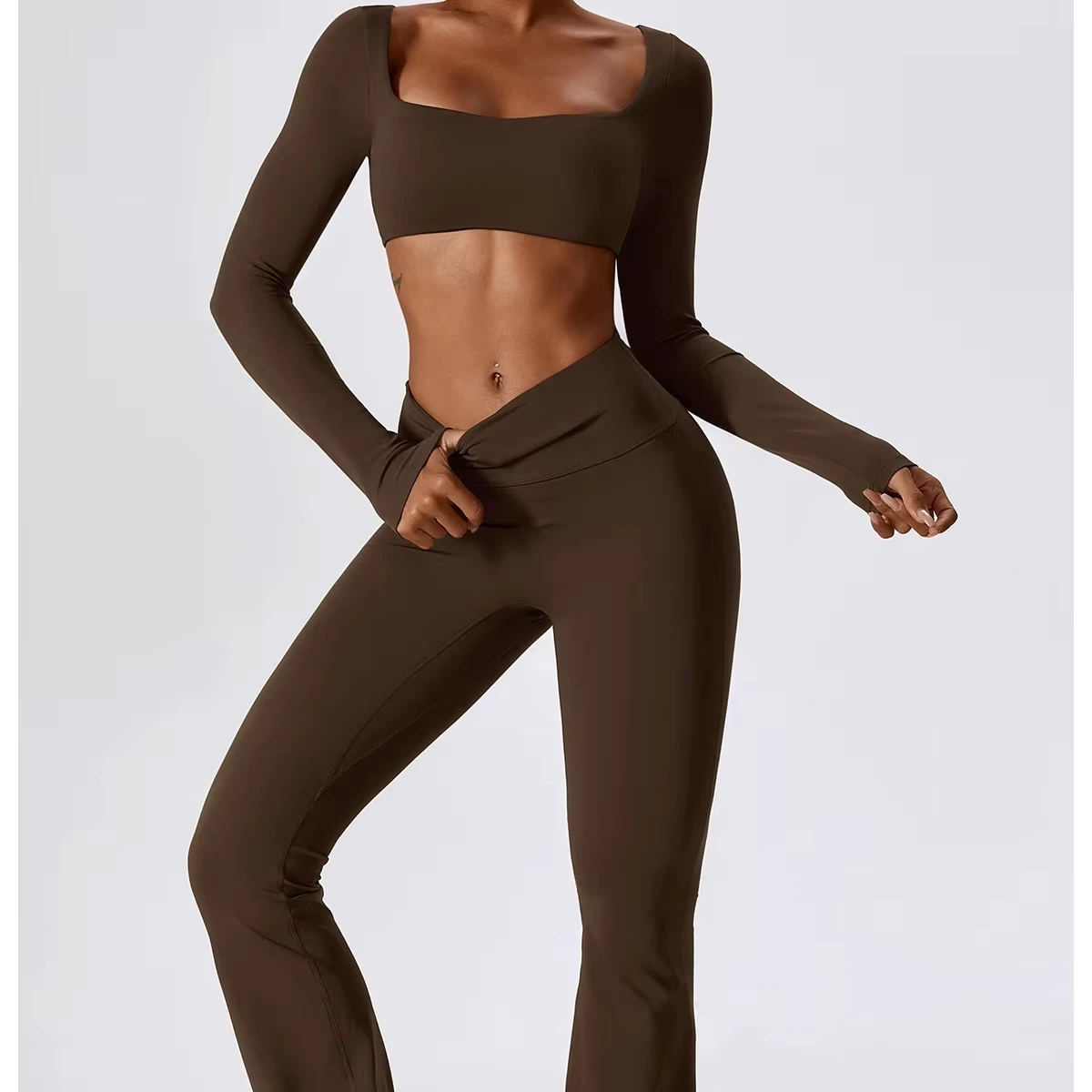 Women's Square Neck Long Sleeve Yoga Set 2 Piece High Waist Flare Legs Naked Feeling Quick Dry Workout Fitness Set