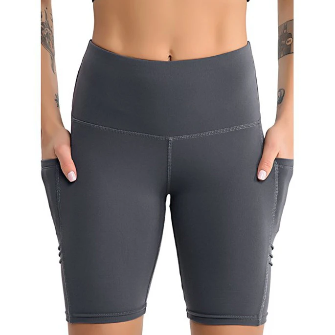 High Waist Seamless Women's Gym Shorts With Pockets Sporty Fitness Workout Running Yoga Activewear Shorts Solid Color Stretchy