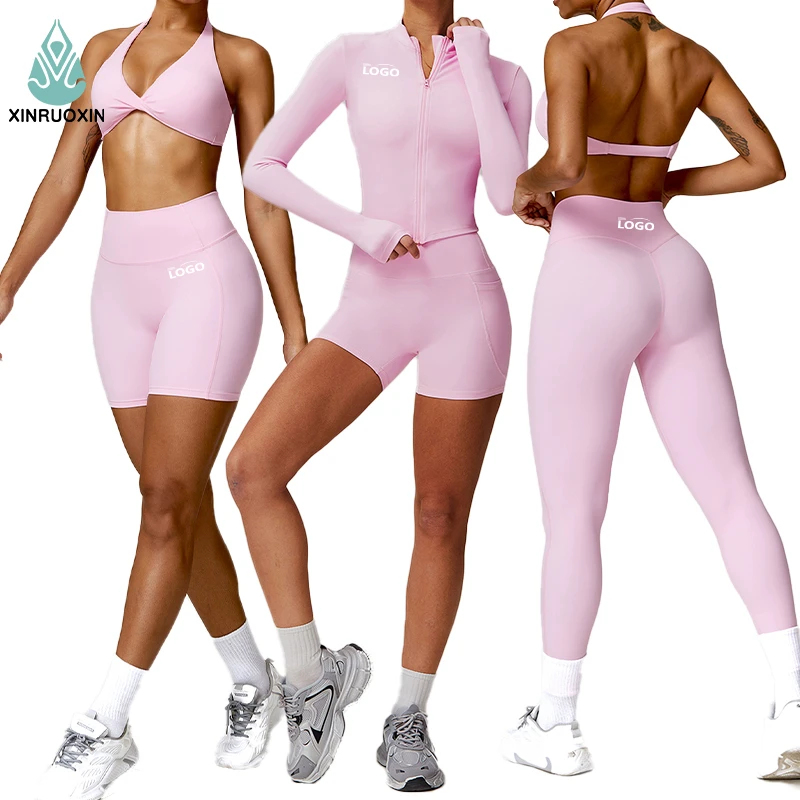 Women Fitness Yoga Leggings Quick Dry Spandex/Nylon High-Waisted Butt Lift Solid Front Custom 5-Piece Gym Wear Set