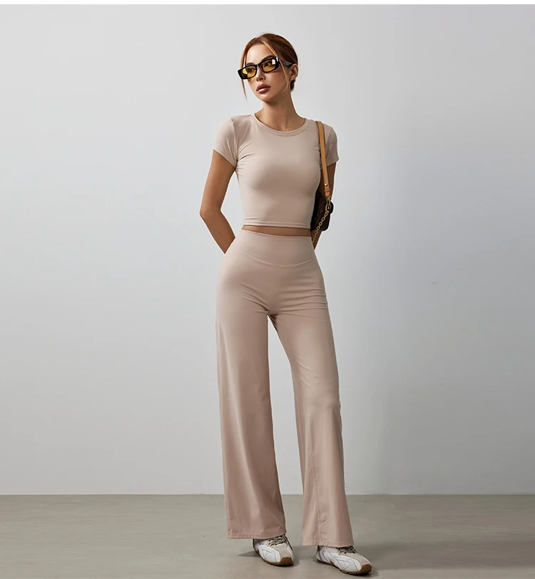 New Style Quick-Drying Fitness Suit Short-Sleeved Top and Wide-Leg Slim-Fit Pants Sports Gym Set Two Piece Yoga Set for Woman