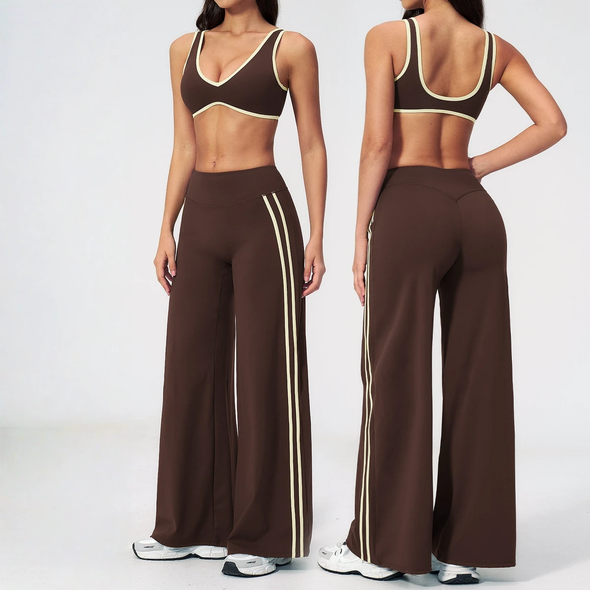 Contrast Binding Sports Bra High Waist Lift Wide Leg Pant Leggings Women's 2 Piece Yoga Sets
