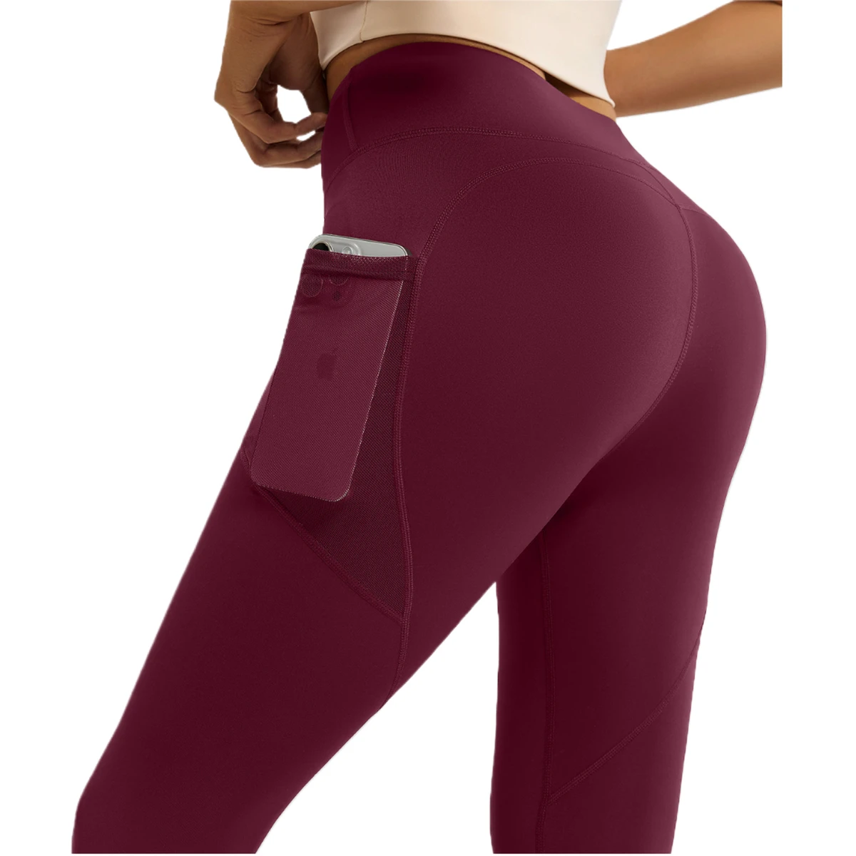 Solid Mesh Side Pocket Sports Fitness Trousers Elastic High Waist Hip Tummy Control Women's Yoga Pants Leggings for Woman
