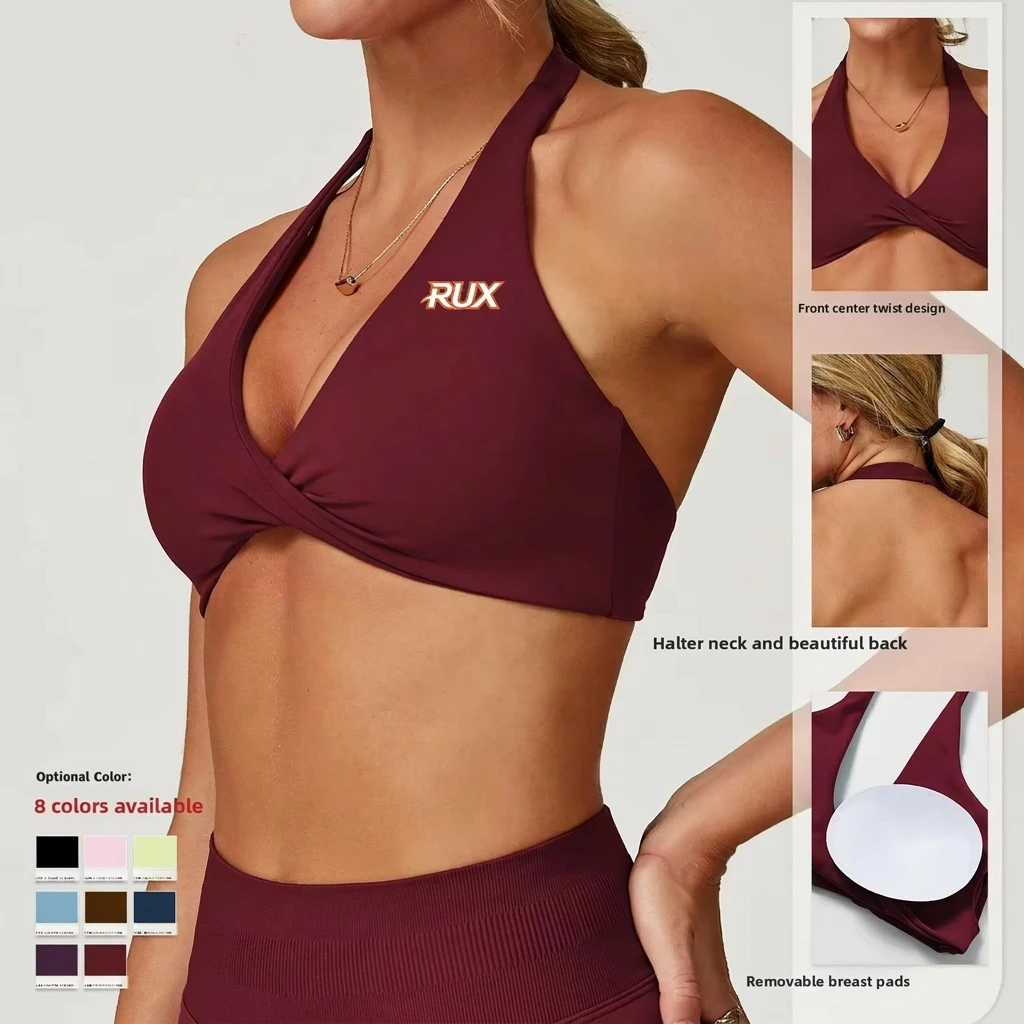 Custom Logo Twist Halter Sports Bras for Women Backless Padded Bra Workout Gym Yoga with Removable Cups