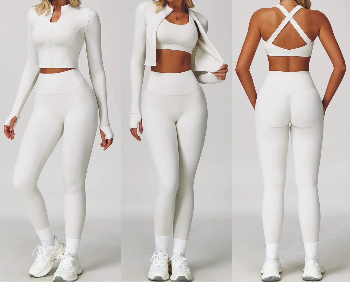 Luxury Gym Set Summer Training High Waist Legging Jacket Bra 3 Piece Set Active Outfit Dance Jogging Ridding Fitness Yoga Set
