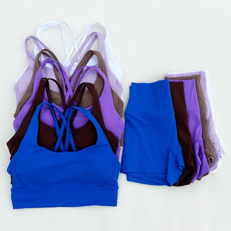 2 Piece Woman Gym Padded Cross Backless Sports Bra Fifth Pants High Waist Hip Lift Yoga Suit
