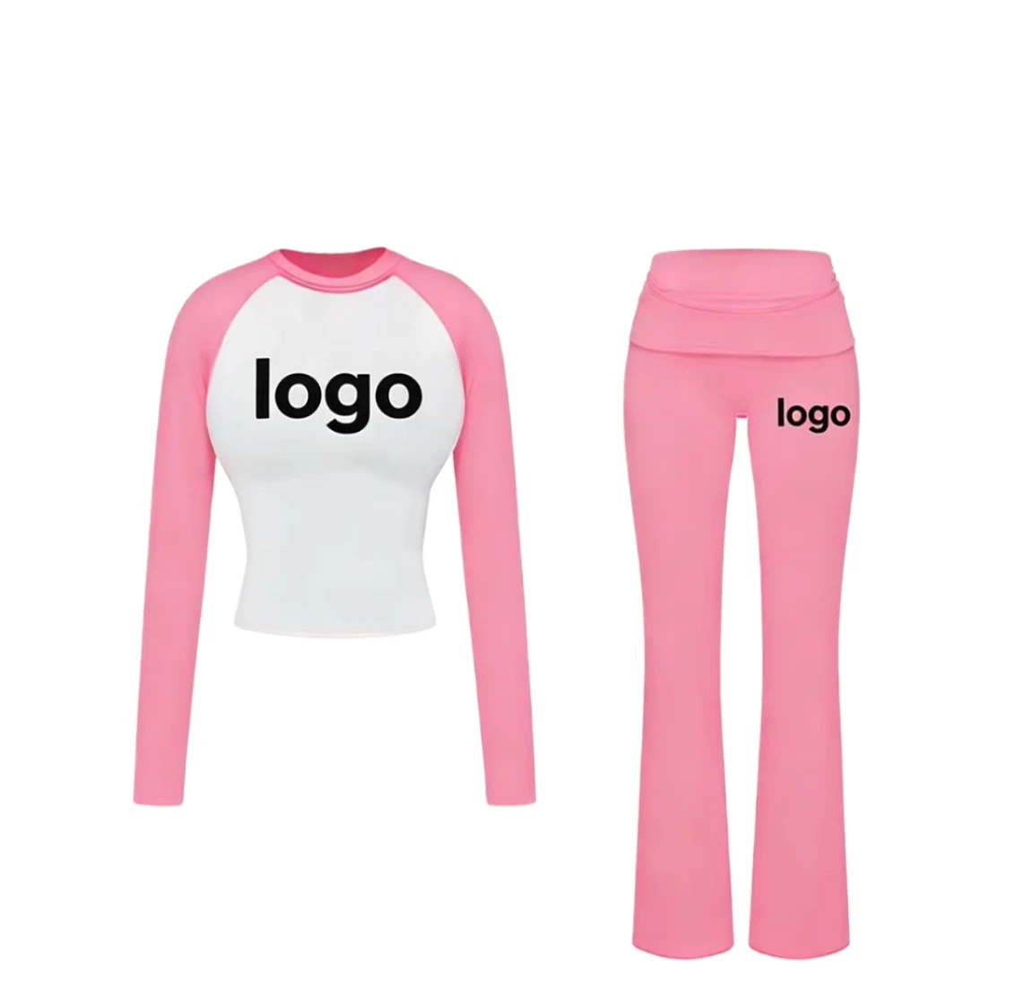 Women's Custom Logo Color Block Raglan Sleeve Top & High Waist Flared Pants Set Two Piece Outfit Casual Loungewear Activewear