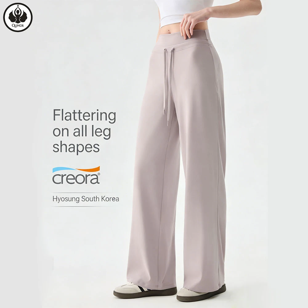 QUMOR Wholesale Women Solid High Waist Drawstring Four-Way Stretch Breathable Sports Pants Wide Leg Dance Pilates Running