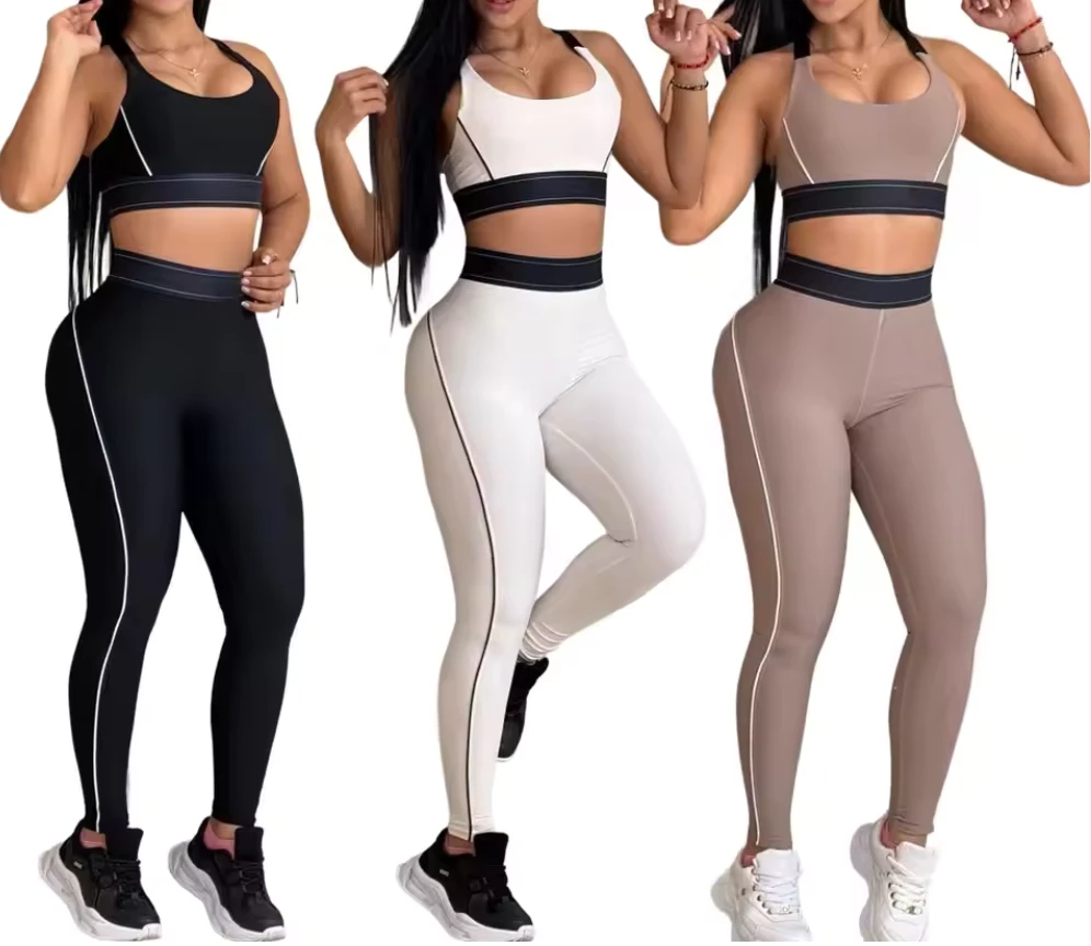 Custom Logo Women 2 Piece Yoga Sets, High Waist Contrast Stripe Leggings & Racerback Sports Bra Workout Activewear