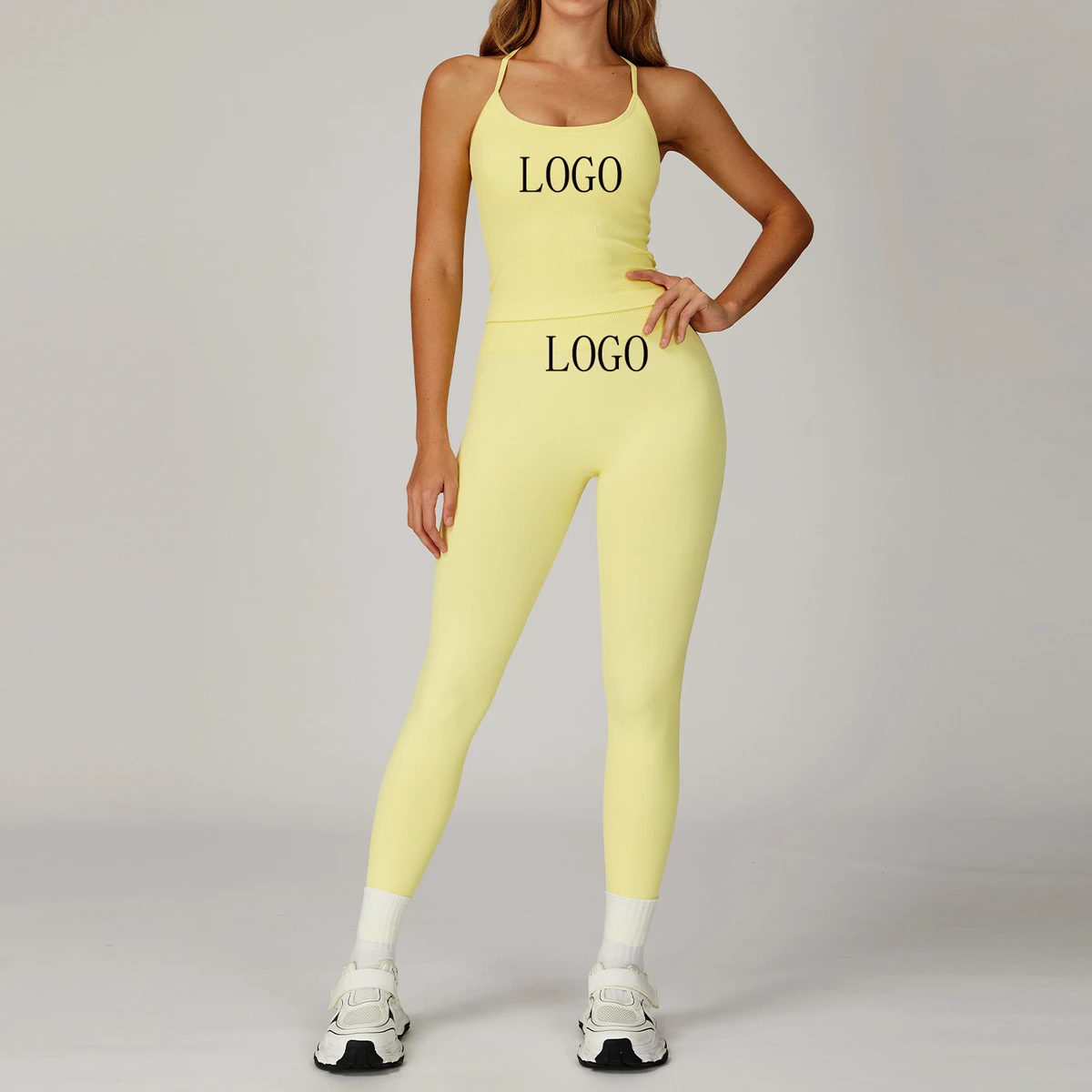 Women's Yoga Set Customizable Logo Quick-Drying Elastic Waist Pants Seamless Leggings for Running Sports Fitness Solid Pattern