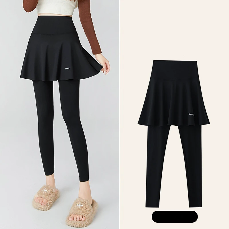 Women's High Waist Sharkskin Yoga Leggings with Skirts Solid Style Two Piece Slimming Wear-Alone Pants for Spring Summer