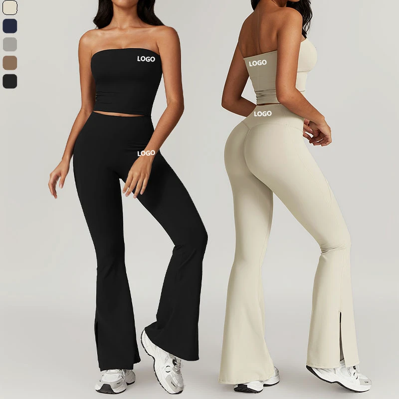 XW-TZ8793-3 New Gym Fitness Sets Breathable Strapless Bandeau Sports Bra High Waist Flare Pants Yoga Two Piece Set for Women