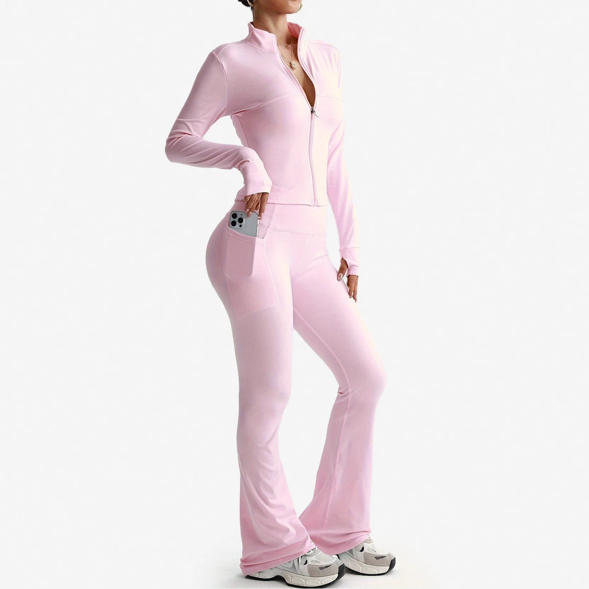 CZ003 Stock Solid Quick-Dry 2-Piece Women's Slimming Long Sleeve Yoga Leggings Set Barely-There Micro Flare Tight Front