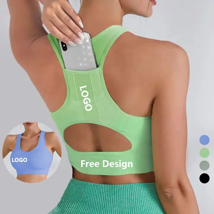 Racer Back Pocket Custom Blank Yoga Bra Sexy Hollow Out Seamless Gym Fitness Workout Women Shockproof Sports Bra