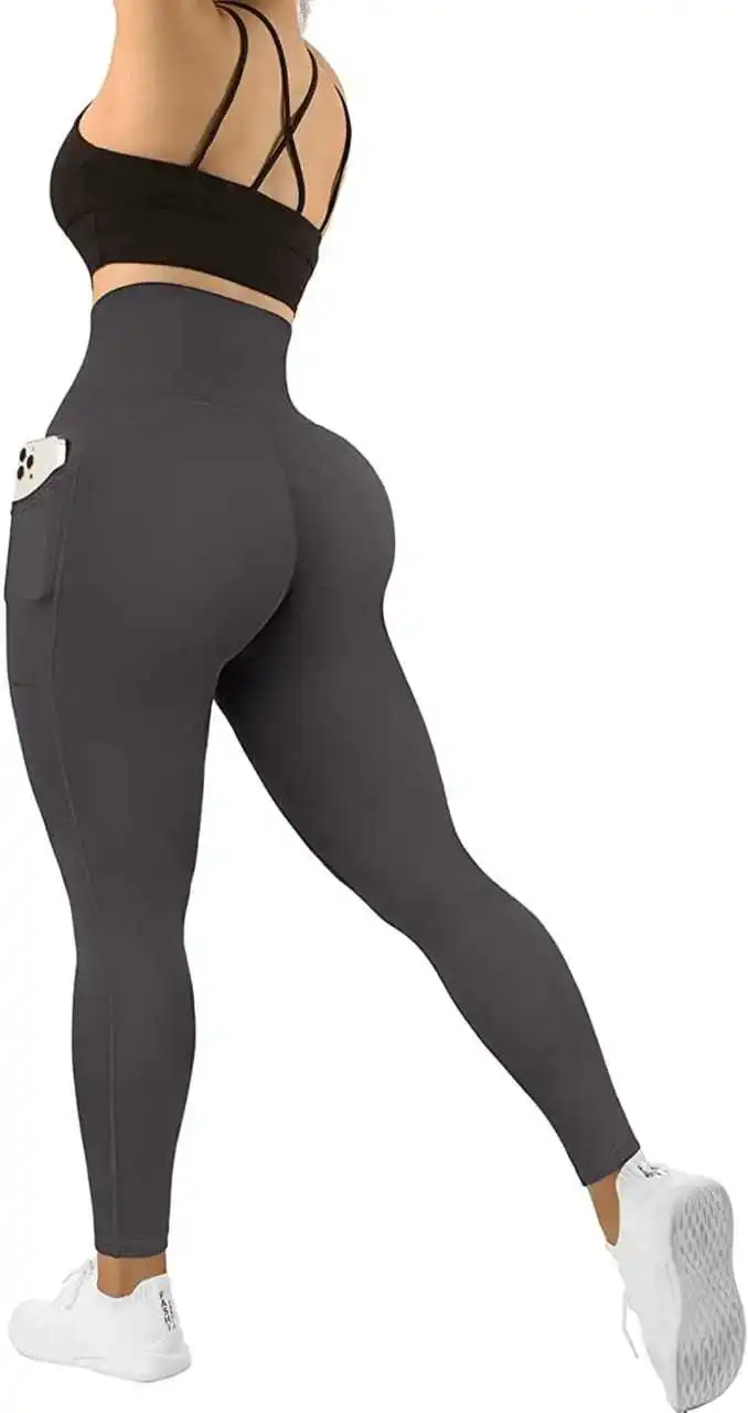 High Waist Tummy Control Leggings with Pocket Spandex Polyester Breathable Solid Fitness Pants