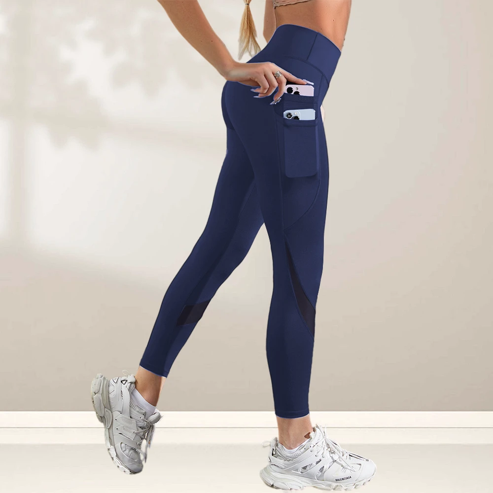 Womens Breathable Stretch Workout Leggings Tummy Control High Waist Side Mesh Patchwork Yoga Pants with 4PCS Pocket