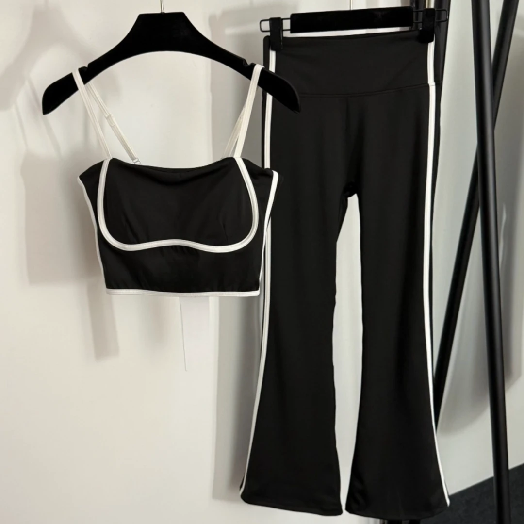 Women's Breathable Yoga Sports Suit Color-block High Waist Elastic Flared Leg Trousers