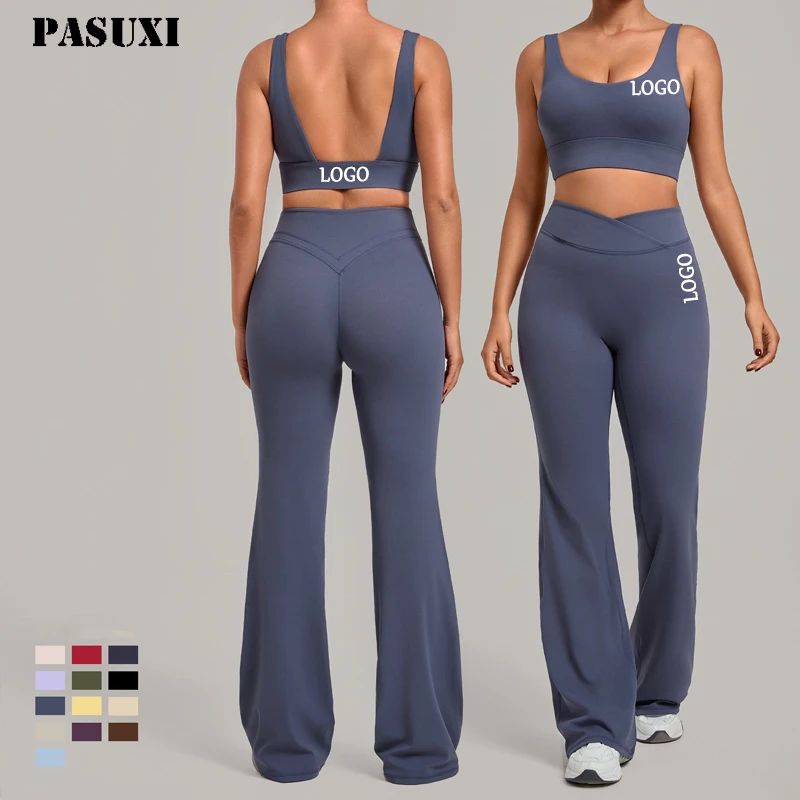 PASUXI Shockproof Yoga Set High Waist Tummy Control Gym Suit Hollow Out Seamless Sports Bra Leggings Set