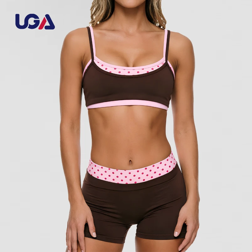 Contrast Color Double Layer Naked-feeling Sports Bra Spot Pattern Polka Dots Print Custom Workout Yoga Set