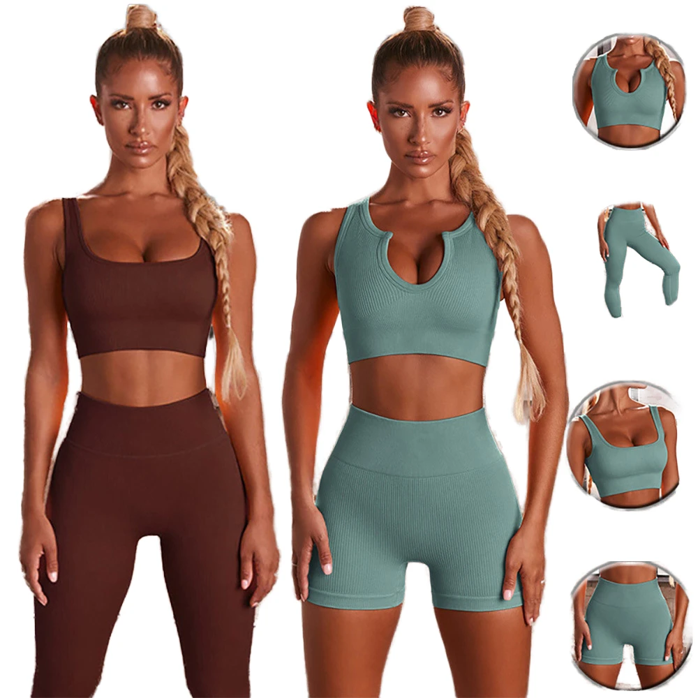Women's High Waist Seamless Knitted Ribbed Yoga Set Striped Sports Bra Tank Top Running Pants Shorts Elastic Fitness Clothing