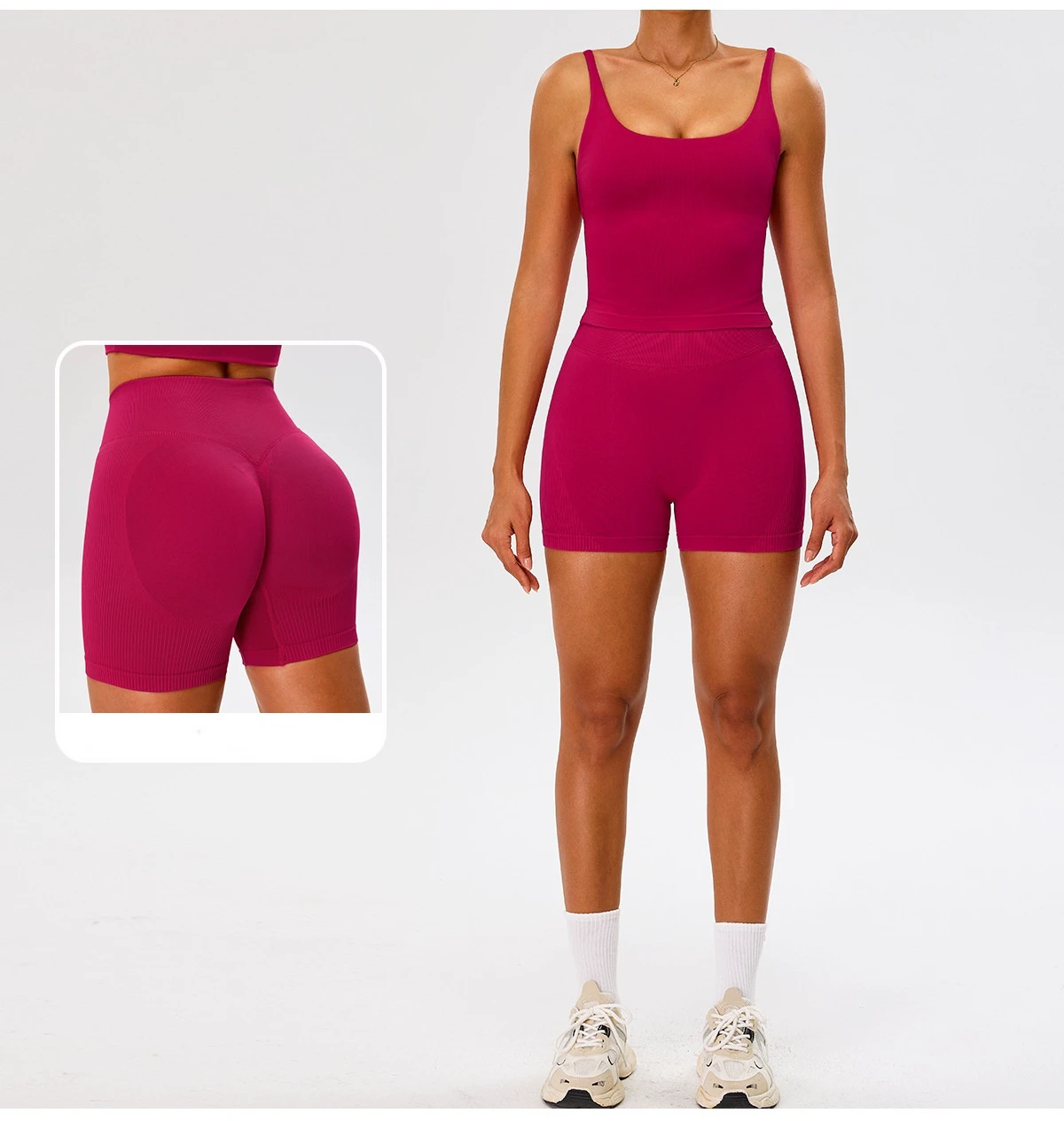 Women's 2 Pieces Seamless Yoga Set Halter Crop Top Sport Bra High Waist Ribbed Leggings Bicker Shorts Outfit Gym Running