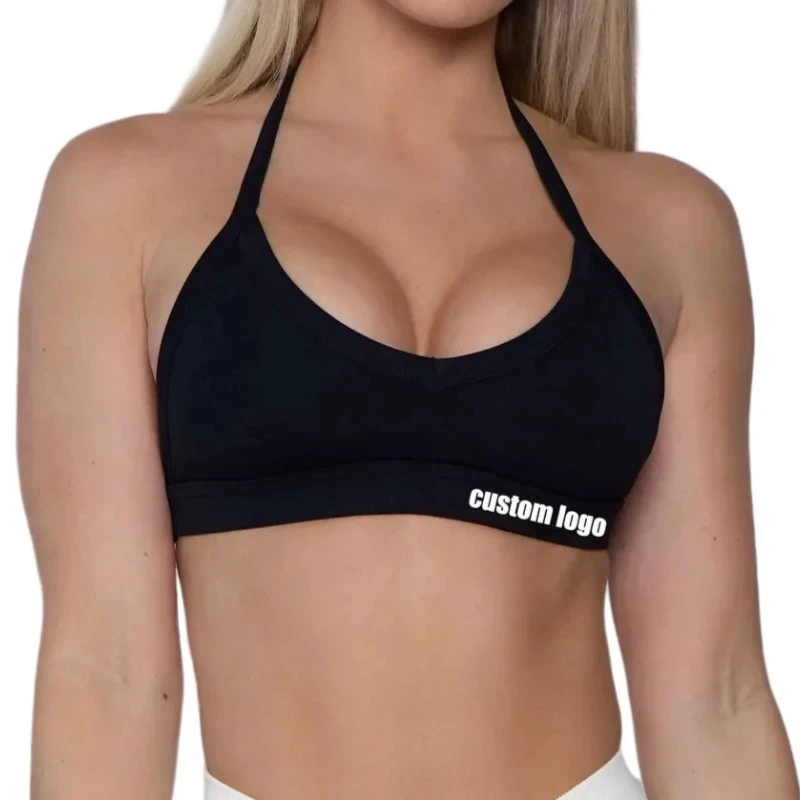 2024 CUSTOM LOGO High Quality Women Gym Active Yoga Wear Front Halter Backless Strappy Padded Spandex Sport Bra