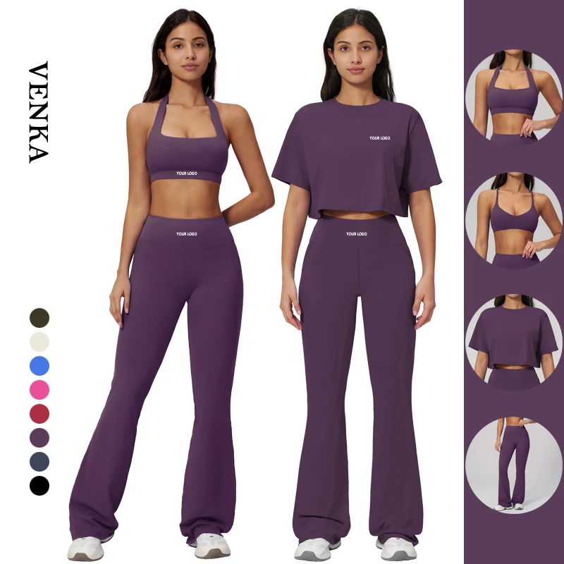 Quick Dry Women Cross Beautiful Back Halter Neck Sports Bra Round Neck Crop Top High Waist Fitness Butt Lift Flared Yoga Set