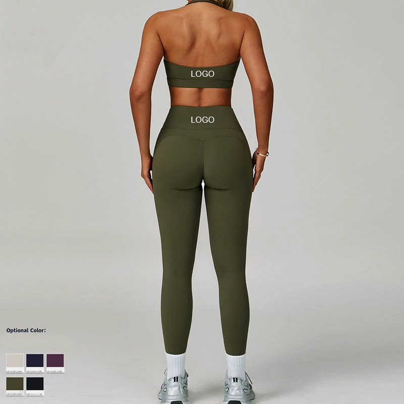 Women's High-Intensity Sports Legging Suit Cross-Border Backless Yoga Pant Halterneck Quick-Drying Fitness XS Front Solid