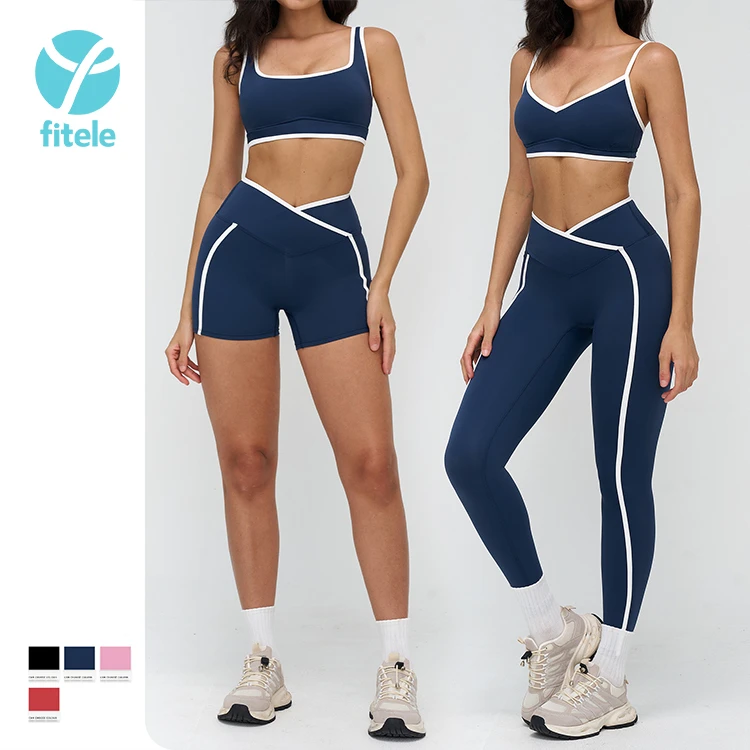 2 Piece Set Wholesale Custom Solid Front Nylon Soft Active Wear Yoga Women High Waist Leggings Sports Bra Fitness Gym