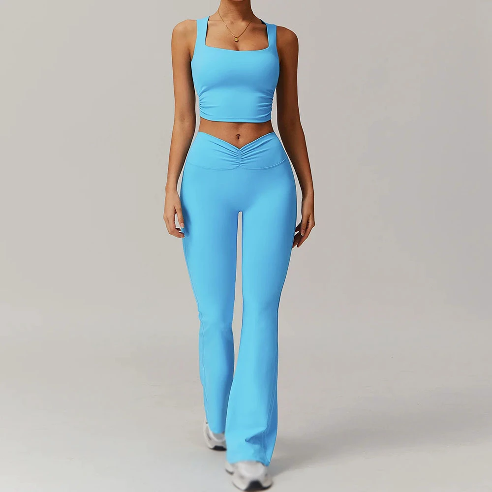 Women's Blue Yoga Set High Waist Leggings & Square Neck Crop Top 2 Piece Activewear Seamless Breathable Fitness Wear