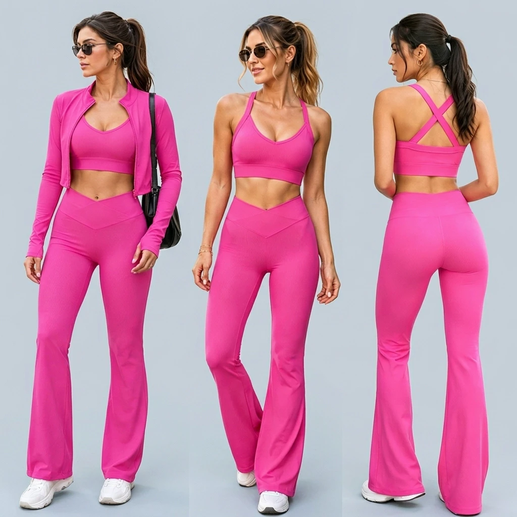 MEGA Custom Patchwork Sportswear Set Solid Pattern Sport Bra Jacket Long Sleeves Pants-3 Piece Gym Fitness Yoga Wear Set