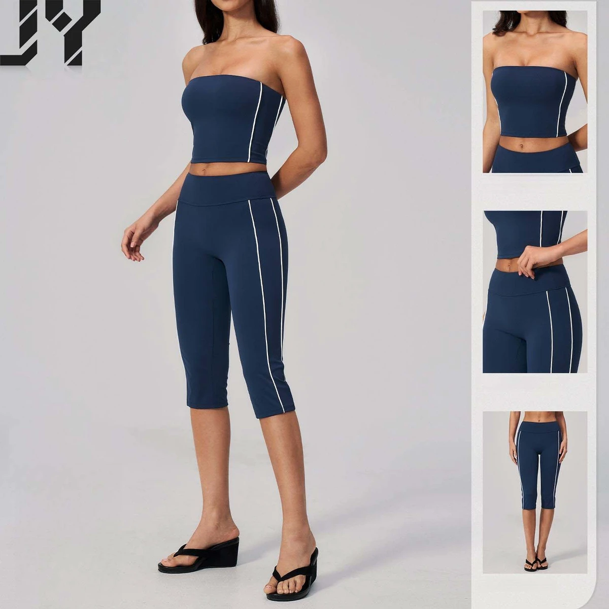 Women's Brushed Color-Blocked Strapless Two-Piece Yoga Set with Strapless Yoga Bra and High-Waisted Capri Pants