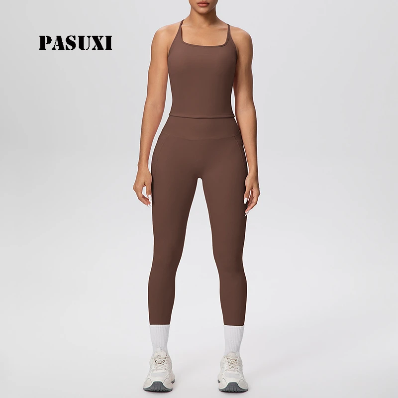 PASUXI Seamless Breathable Yoga Set Women Quick Dry High Stretch Elastic Waist Backless Sports Bra Leggings Two Piece Gym Wear