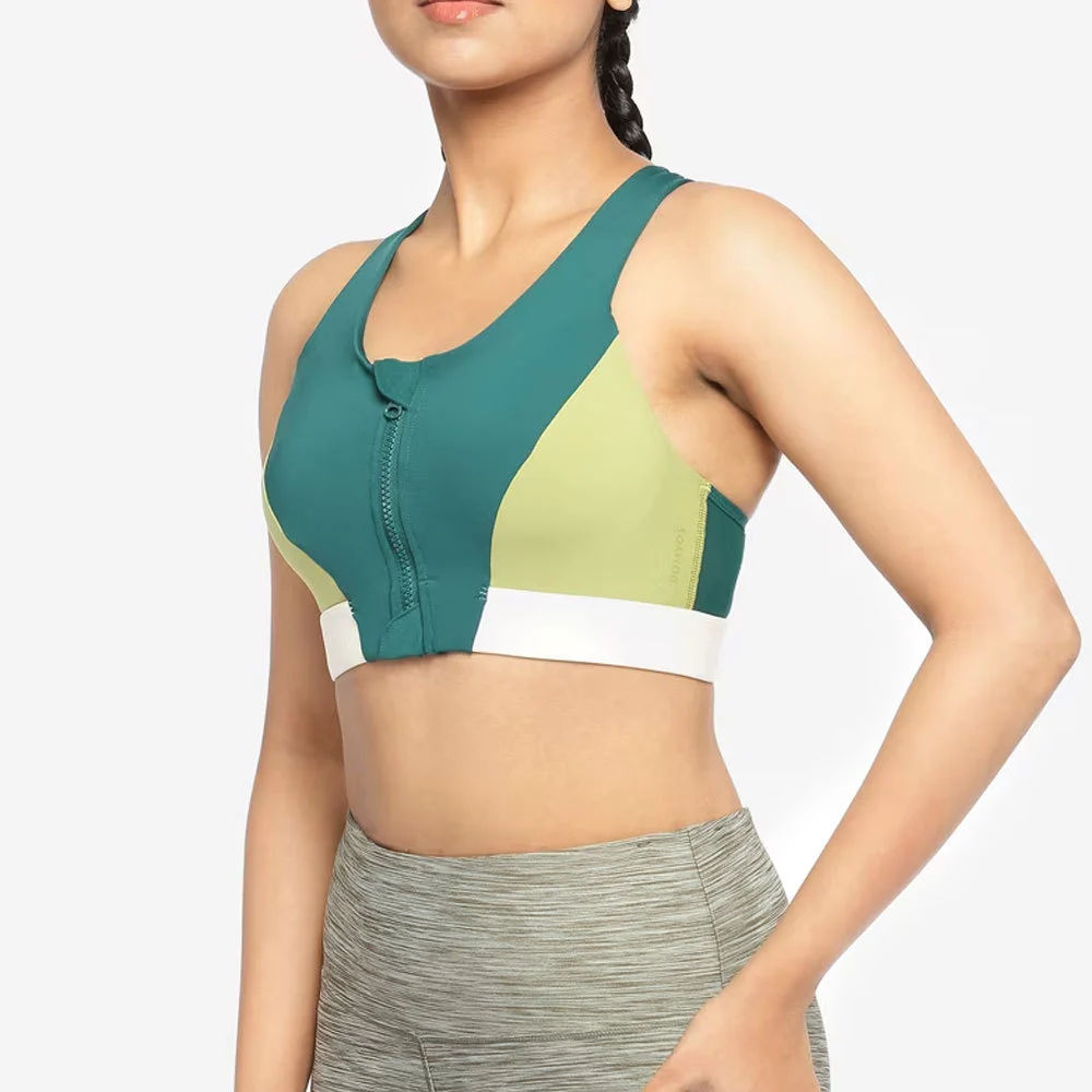 High-strength Fitness Wear Customized Size Spots Bra For Sale Women's Color Blocked Sports Bra Scoop Neck Zipper Spots Bra