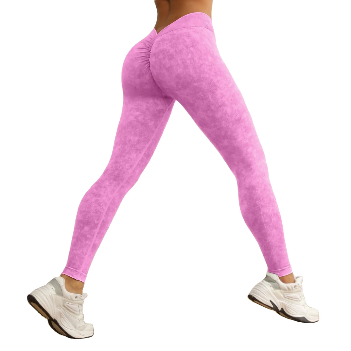 Women Elastic Tummy Control Solid Breathable Nylon Spandex Four-Way Stretch Seamless Washed V Back Scrunch Butt Workout Leggings