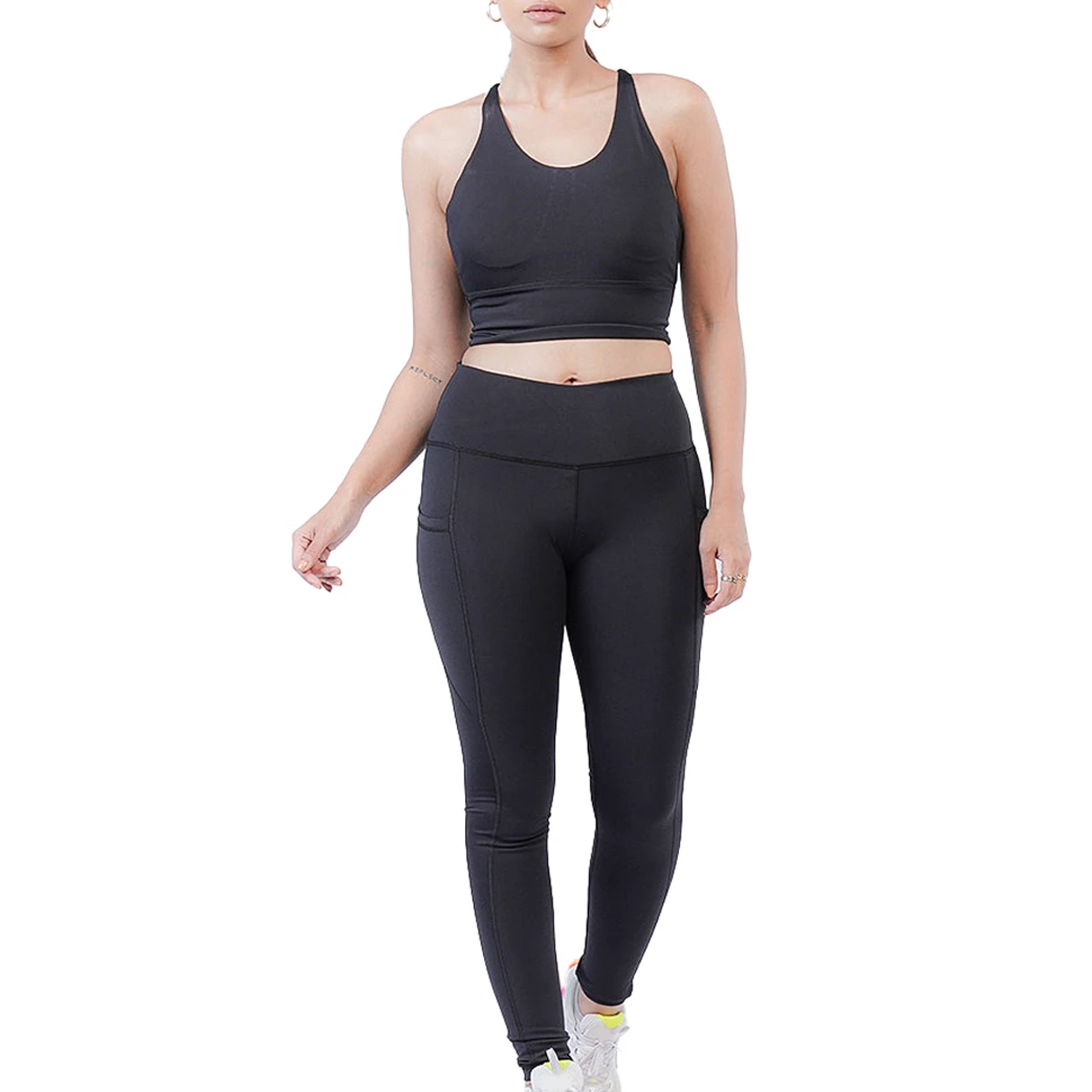 Women Solid Black Yoga Set Racerback Crop Top and High Waist Pocket Leggings Gym Activewear OEM Private Label