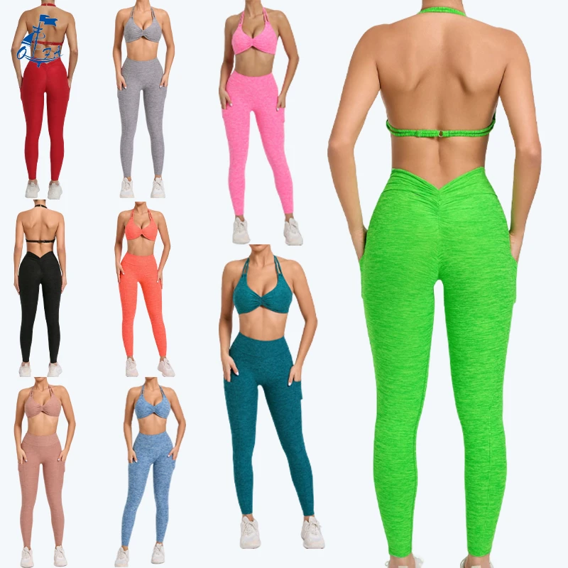Nylon 9 Colors Women 2Pcs Halter Bra+V Waist Leggings Yoga Set Gym Fitness Sets Sportswear Workout Running Yoga Suit Activewear