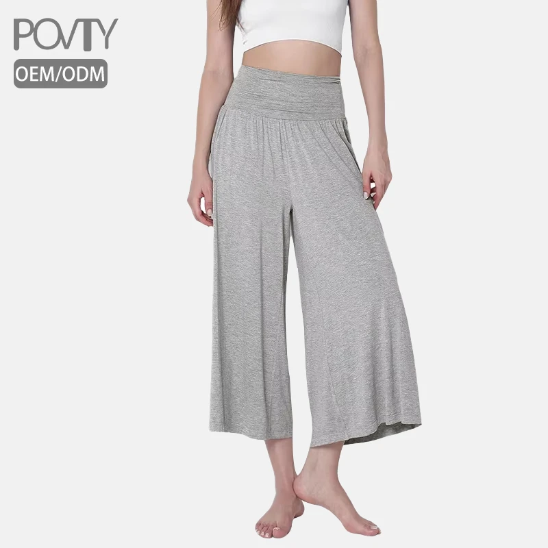 POVTY Custom Women's Wide Leg Casual Palazzo Lounge Cropped Pants with Pockets Light Weight Comfy Soft Yoga Pajama Capri Pants