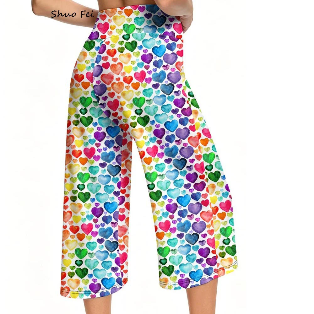 Women Watercolor Heart Crop Pants Drawstring High Waisted Yoga Capri Trousers Colorful Pattern Wide Leg Gym Casual Trousers Wear