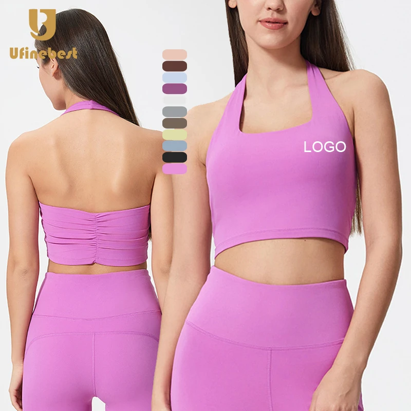 2025 Sexy 2 in 1 Ruched Backless Halter U Neck Sports Tank Top Shockproof Running Yoga Gym Breathable Bra Woman