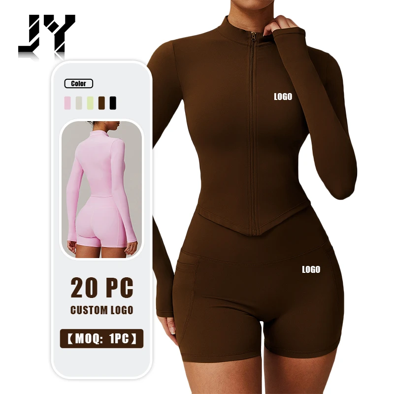 JY New High Elastic Winter Sportswear Fitness High Collar Long Sleeve Gym Top 2 Pieces Jacket Shorts With Pockets Yoga Set