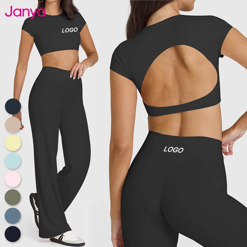 Janya Women's Breathable Elastic Yoga Suit Removable Pads Crop Top Tight Flared Leggings Pants 2 Piece Active Sportswear Sets