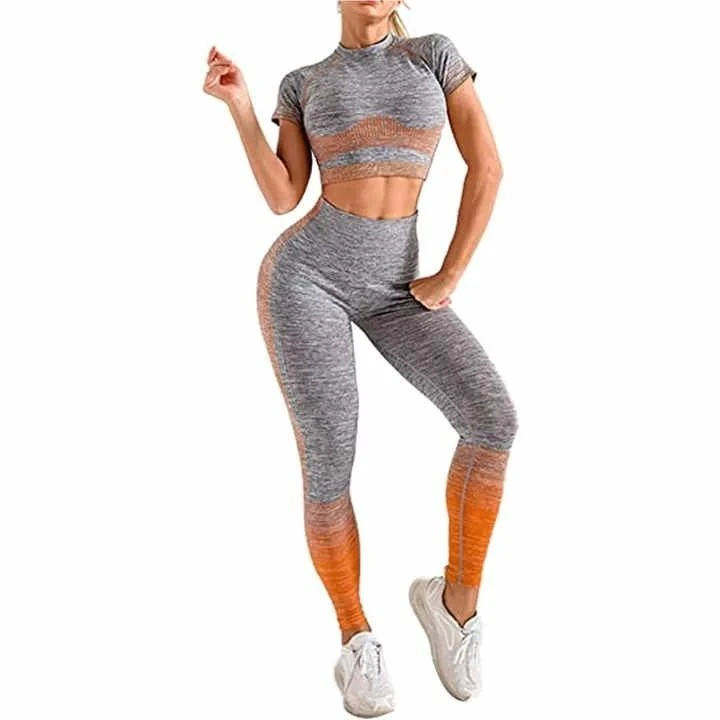 Women Yoga Set Gradient Color Crop Top High Waist Full Length Leggings 2 Piece Activewear Seamless Stretch