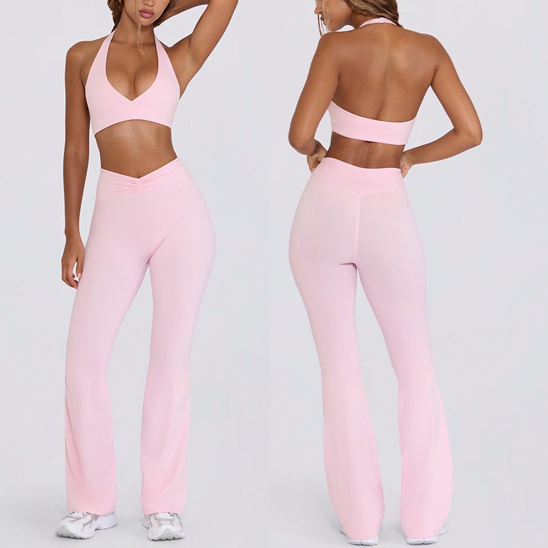 Women's Solid Nude Yoga Set Strappy Backless Sports Bra with Flared Long Pants Feel Beautiful Logo Front Running Halter Outfit
