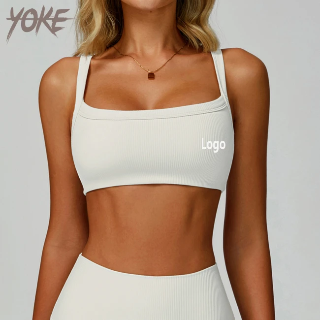 Yoke Fashion Ladies Square Neck Ribbed Fabric Sweatwiking and Lightweight Sport Bra with Removable Padded Yoga Bra