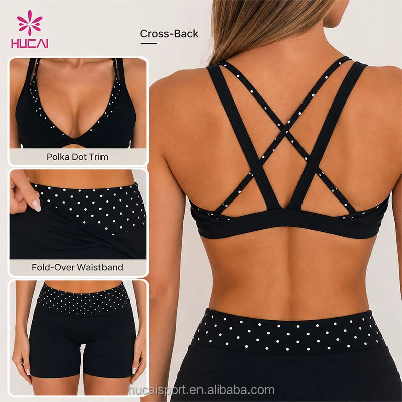 ODM HUCAI Custom Logo Women 2 Pieces Gym Sets Double Layer Sports Bra and Yoga Shorts Pilates Polka Dots Outfit Workout Yoga Set